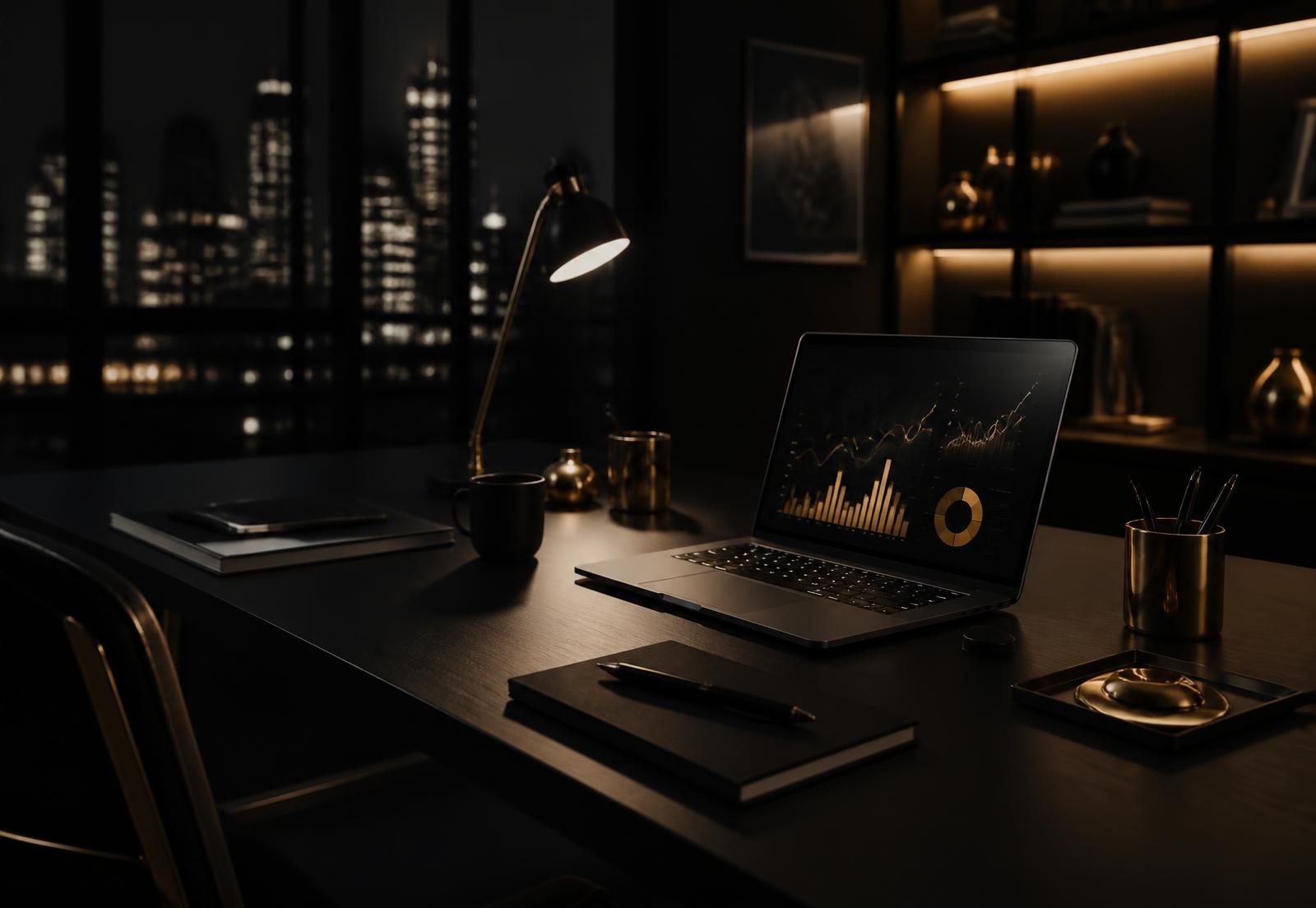 Dark studio desk with gold-lit marketing performance dashboard